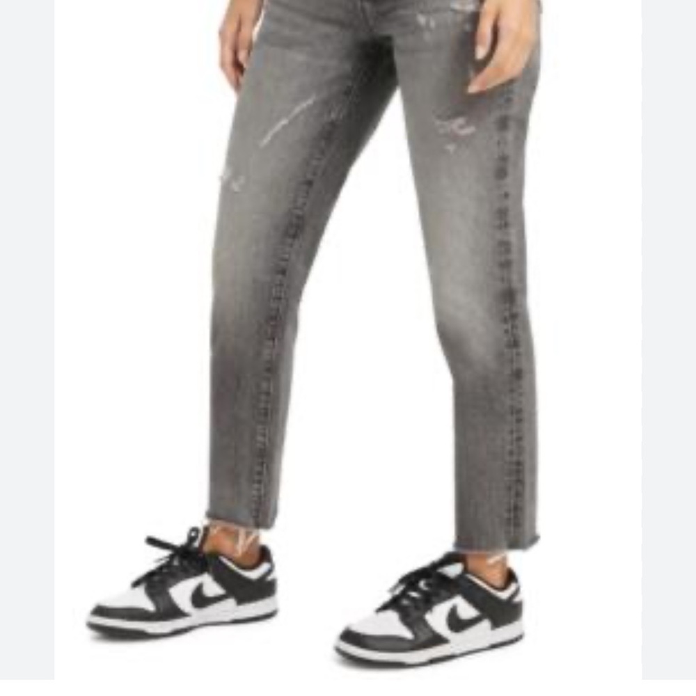 Good American Gray Straight Leg Jeans with Distressed Finish